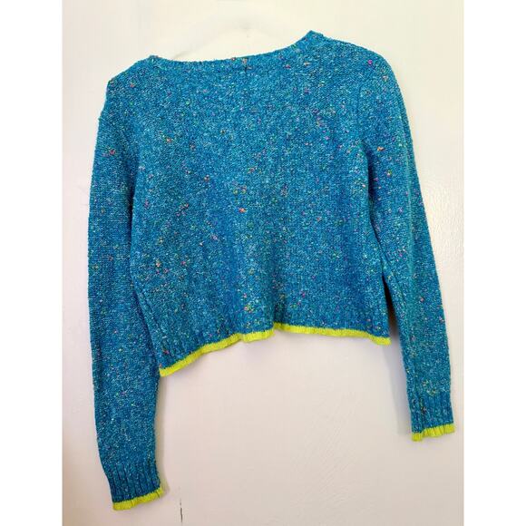 Vintage Y2K Wet Seal Neon Blue Yellow Crewneck Fuzzy Sweater Med Large Winter - Picture 2 of 5